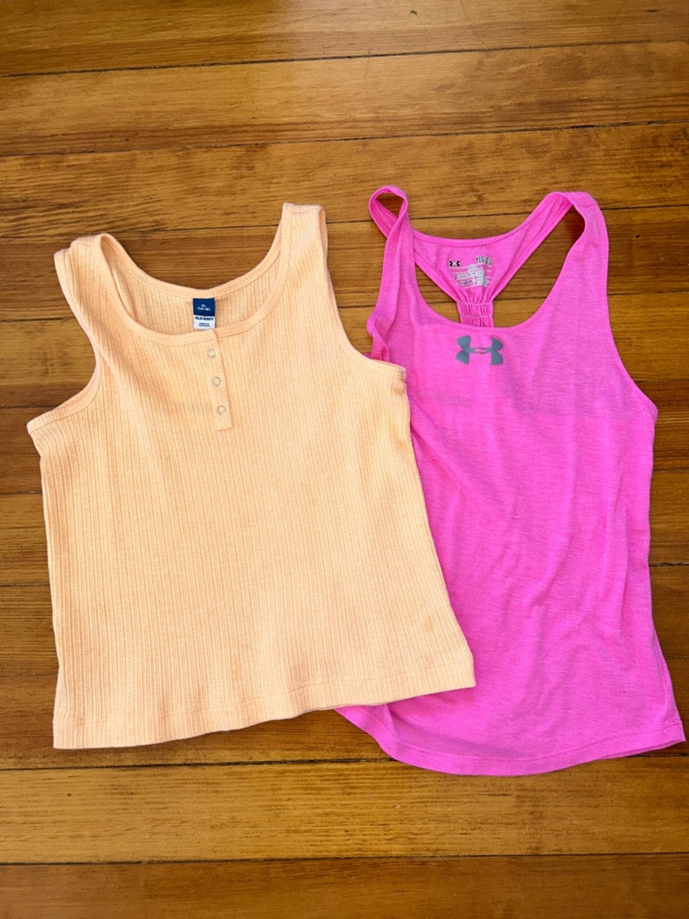 Under Armour Hot Pink Racerback Tank and Peach old Navy Ribbed Henley Tank